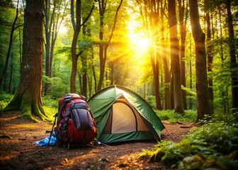 Summer Camping Adventure: Tent in Lush Green Forest