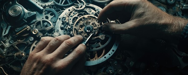 Hands assembling intricate mechanical clock gears