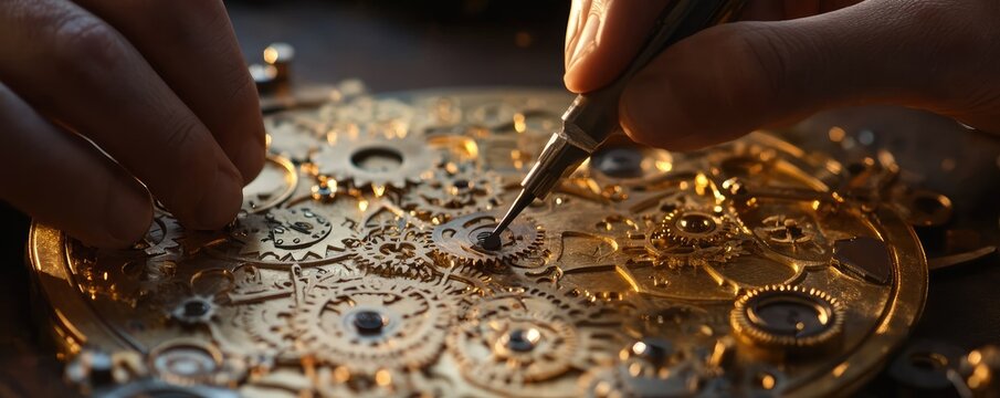 Hands assembling intricate mechanical clock gears