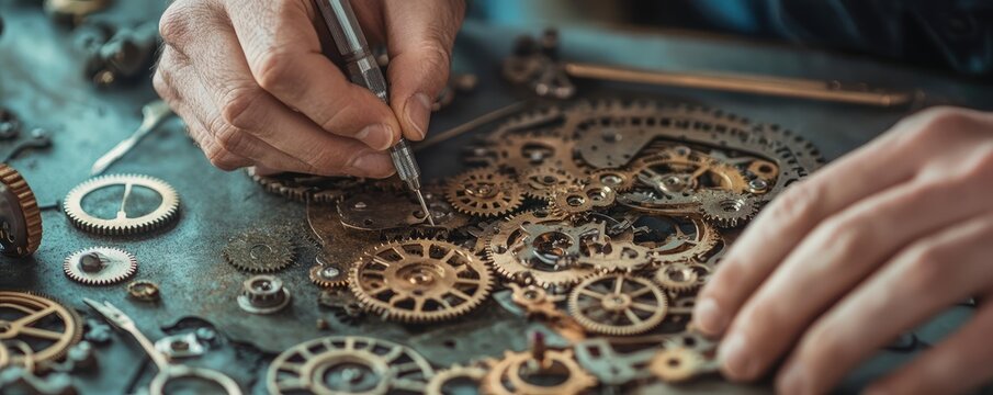 Hands assembling intricate mechanical clock gears