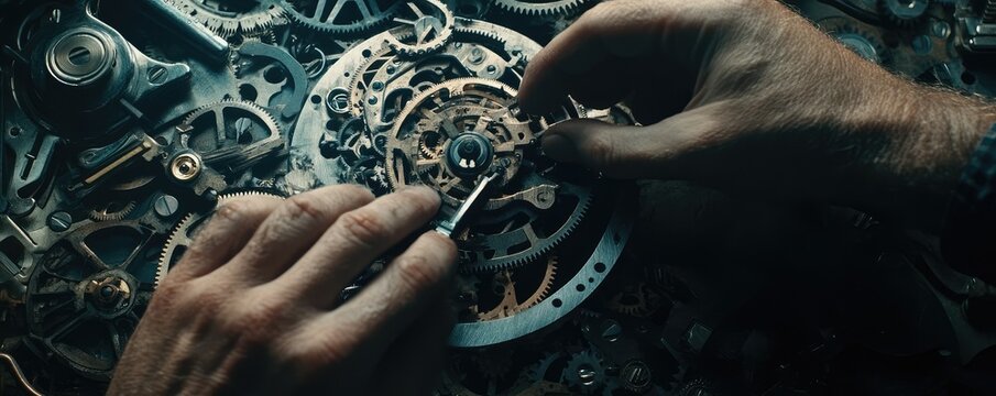 Hands assembling intricate mechanical clock gears