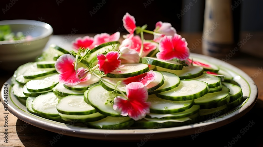 Poster a close up image showcasing the beautiful arrangement of fresh colorful slices of cucumbers and radi