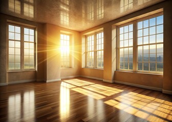 Obraz premium Sunlit Empty Room: Golden Light Streaming Through Windows - Stock Photo