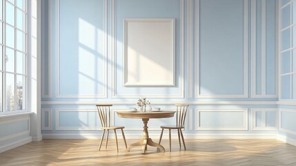 Cozy Dining Room with Light Blue Walls and Natural Sunlight