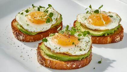 Avocado Egg Sandwiches for healthy breakfast. Whole grain toasts with mashed avocado, fried eggs and organic microgreens