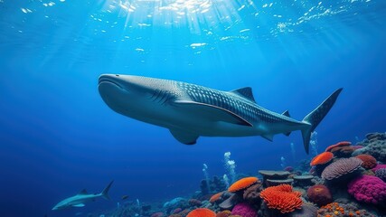 Fototapeta premium A dynamic underwater world with a whale shark coral reef and glowing sunlight beams.