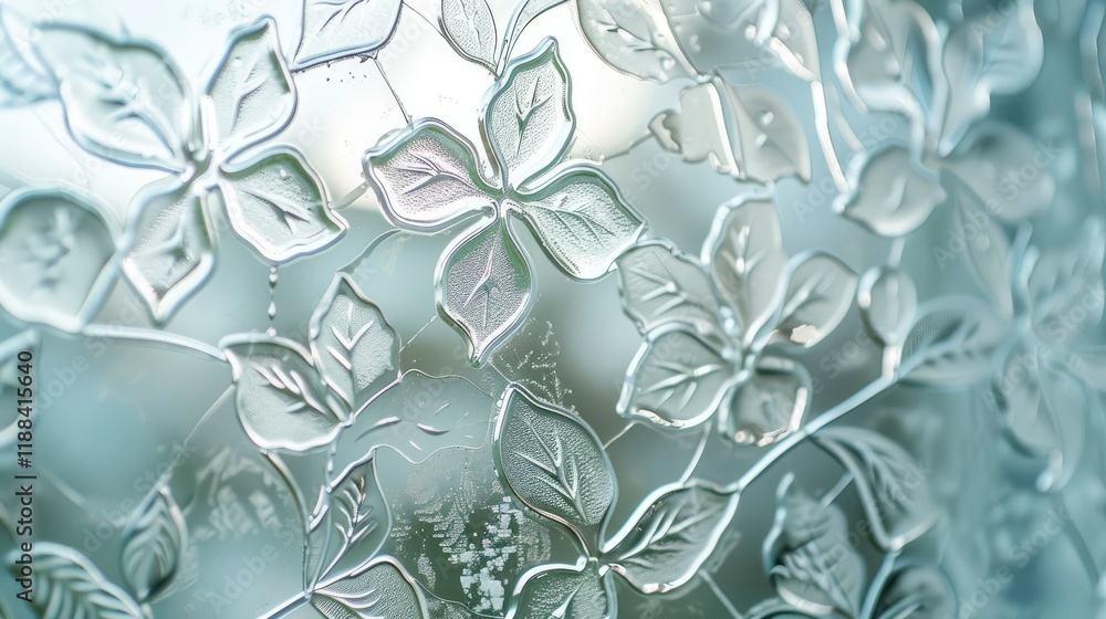 Poster close up view of frosted glass with floral pattern - shallow depth of field