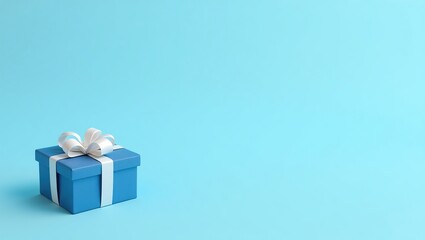 Obraz premium A single blue gift box with a white ribbon