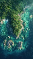 Tropical island coast aerial view, turquoise ocean, lush jungle, sunny.