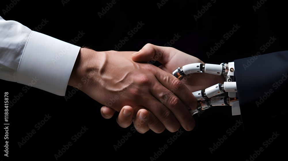 Poster conceptual image of a robotic hand and human hand shaking symbolizing the future partnership and syn