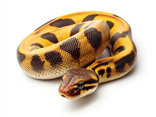 Fototapeta premium Yellow and black ball python coiled on white background. Stock photo for reptile, pet, wildlife, nature websites.