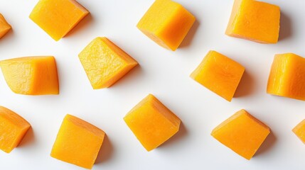 Freshly Cut Orange Squash Cubes on Light Background for Cooking