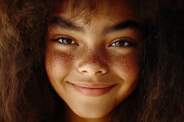 Fototapeta premium Commercial commercial conceptual art. Long coiffure - afro hair. Gorgeous smiling mixed-race girl - for ads, poster and internet marketing use. Long hair portraits. Vibrant long hair.