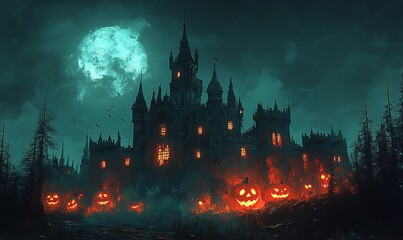 A spooky castle illuminated by jack-o'-lanterns under a full moon, creating a Halloween atmosphere.