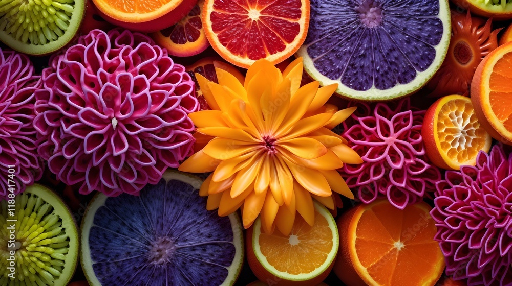 Poster close up view of various exotic fruits sliced open to expose their vibrant multicolored flesh and in