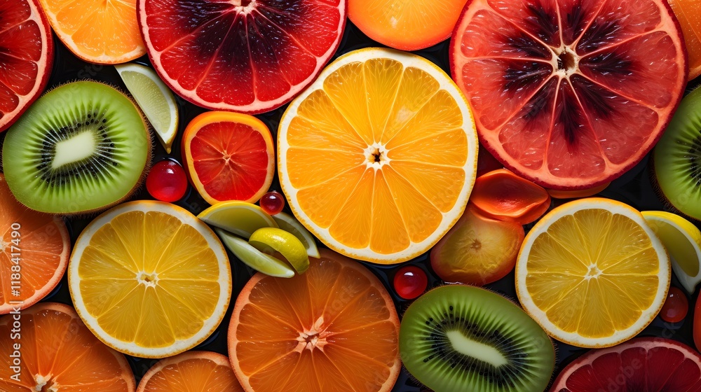 Poster captivating close up of exotic tropical fruits sliced open to reveal their vibrant colorful and intr
