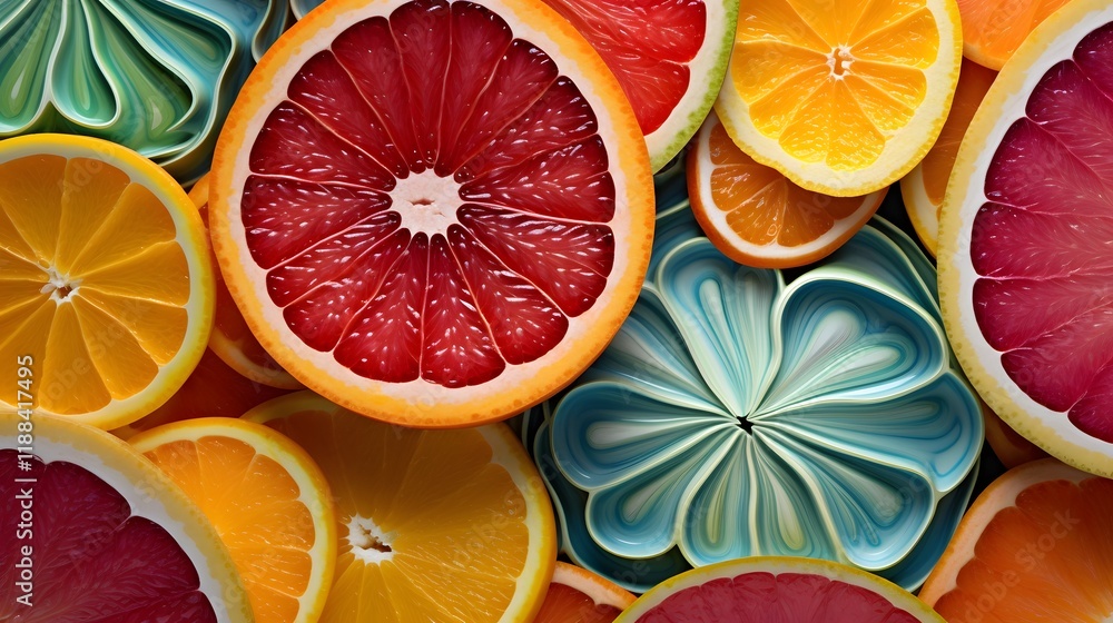 Poster close up of various sliced open exotic fruits displaying a vibrant and colorful palette of natural h