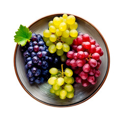Variety of bunches of grapes on a plate, isolated on white background, top view