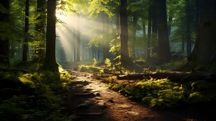 Obraz premium A mysterious and enchanting forest pathway with ethereal rays of warm sunlight streaming through the lush foliage and branches of the towering trees creating a serene and dreamlike atmosphere