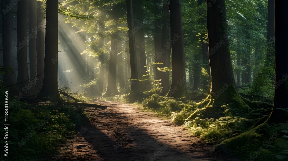 Poster captivating image of a mysterious forest pathway with enchanting rays of sunlight streaming through 
