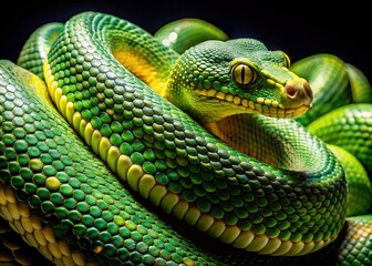 Fototapeta premium Vibrant Green & Gold Snakes Coiled â€“ Realistic Reptile Stock Photo, Transparent Background