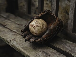 Baseball resting in an old glove on a wooden bench at a quiet park