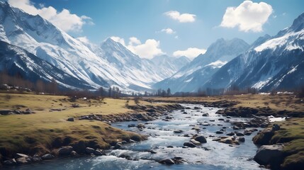 Breathtaking scenic view of snow capped mountain springs surrounded by lush forests and dramatic cliffs in a serene natural landscape