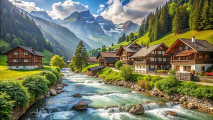 Fototapeta premium serene mountain landscape with a gentle river stream flowing through a village of traditional Swiss chalet houses, alps, nature scenery