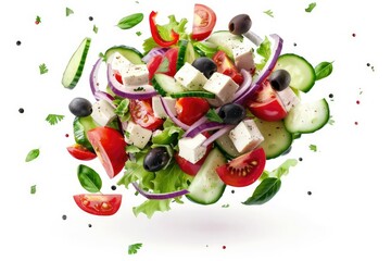 High Definition Picture of Flying Vegetable Greek Salad Isolated on White Background