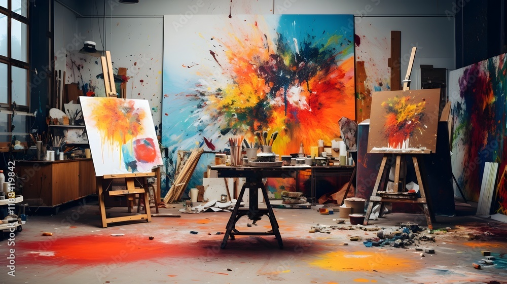 Poster capture the dynamic energy of the creative process in this vibrant studio scene featuring a half fin
