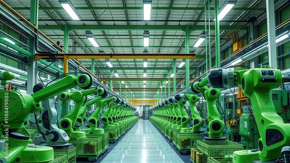Aufkleber modern automated factory with many robotic arms.