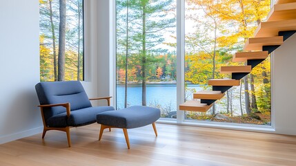 Fototapeta premium Modern Chair Lake View Autumn Wooden Staircase Interior Design