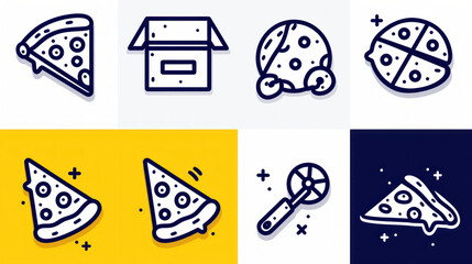 Pizza icons in modern flat style, featuring slices, pizza cutter, and delivery box