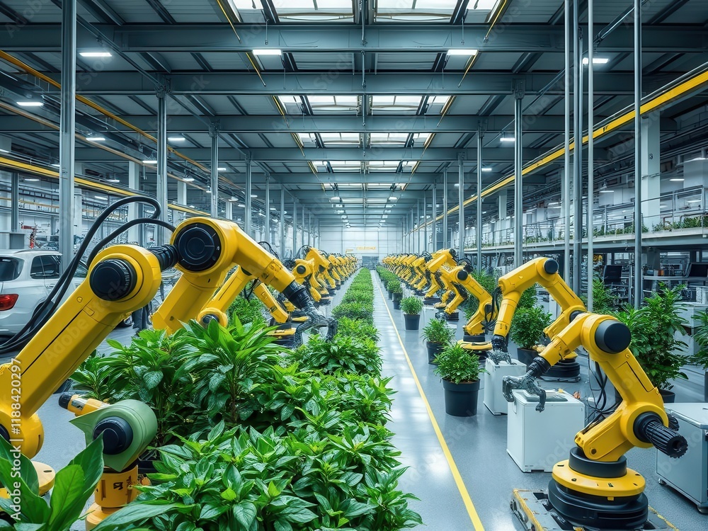 Poster automated robotic assembly line in modern factory with green plants.