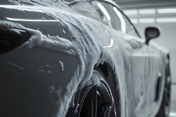 The car is being washed with soap, and foam flows down the body of the gray SUV. Close-up side view of the rear wheel and fender
