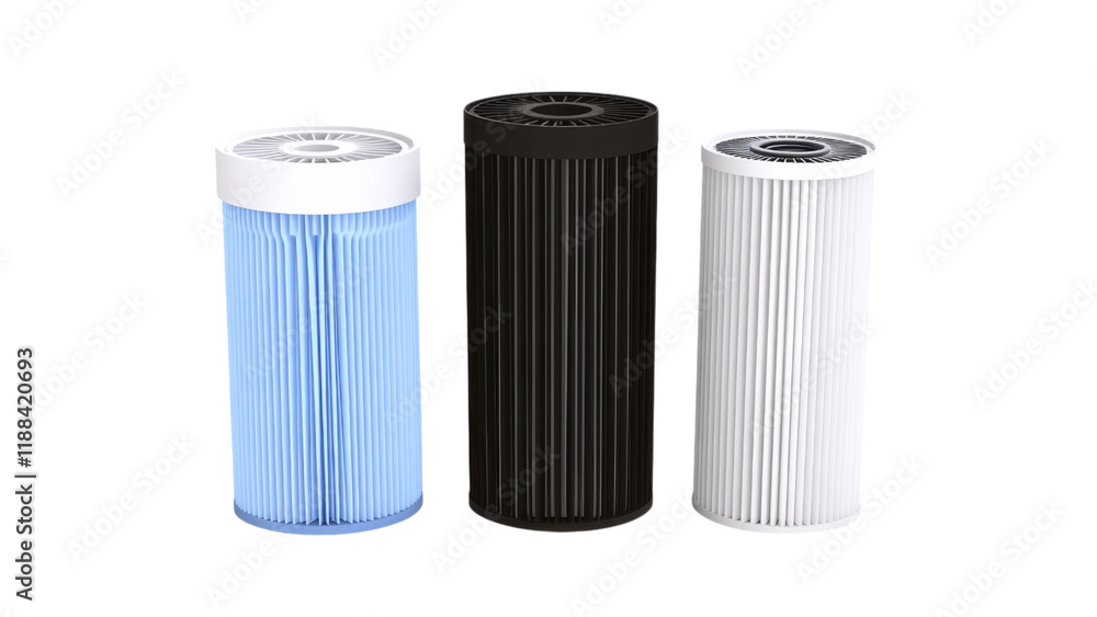 Aufkleber three distinct cylindrical filters in various colors on a transparent background