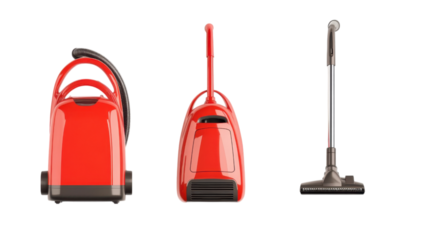 Red vacuum cleaner displayed from three angles on a transparent background