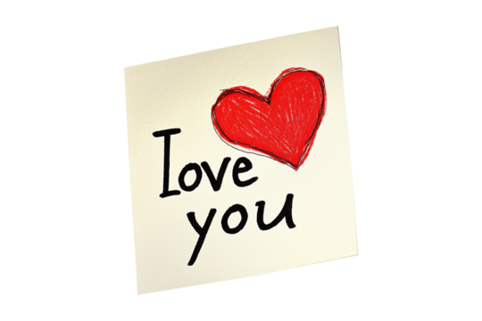 Hand drawn red heart sketch with I Love You text below placed on a yellow textured paper isolated on white transparent background. Concept of love and affection