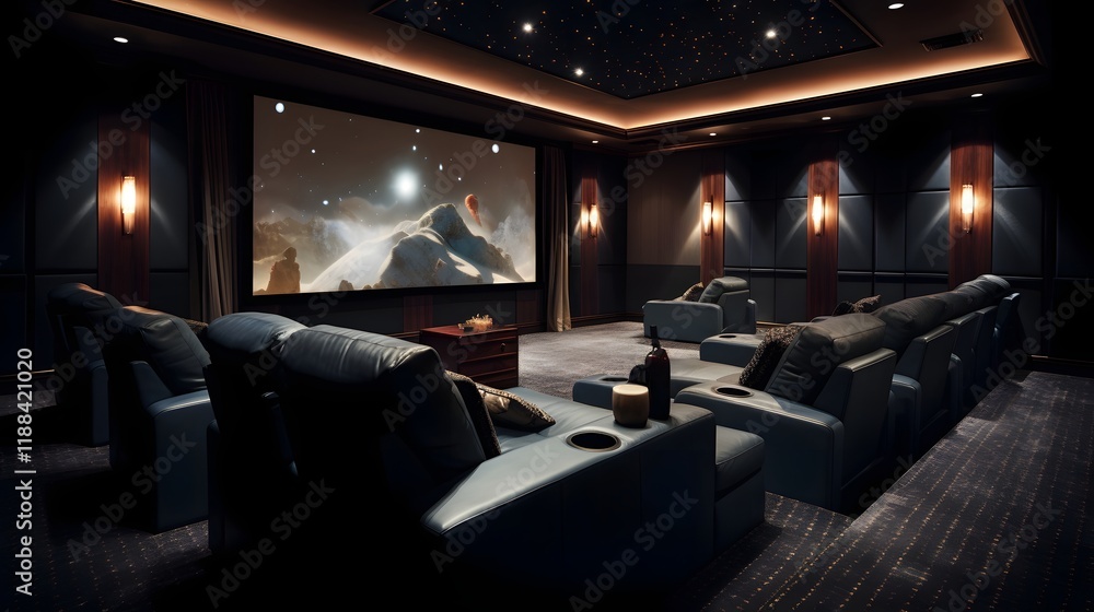 Poster sophisticated reclining chair in a state of the art home theater environment with a large display sc
