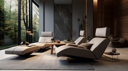 Luxurious reclining chair situated in a state of the art home theater setup complete with a large projection screen for an immersive entertainment experience  The sleek