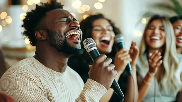 Karaoke Fun with Friends in a Cozy Living Room Setting
