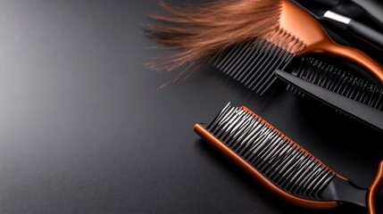Hairdressing Tools on Dark Background: Combs and Hair