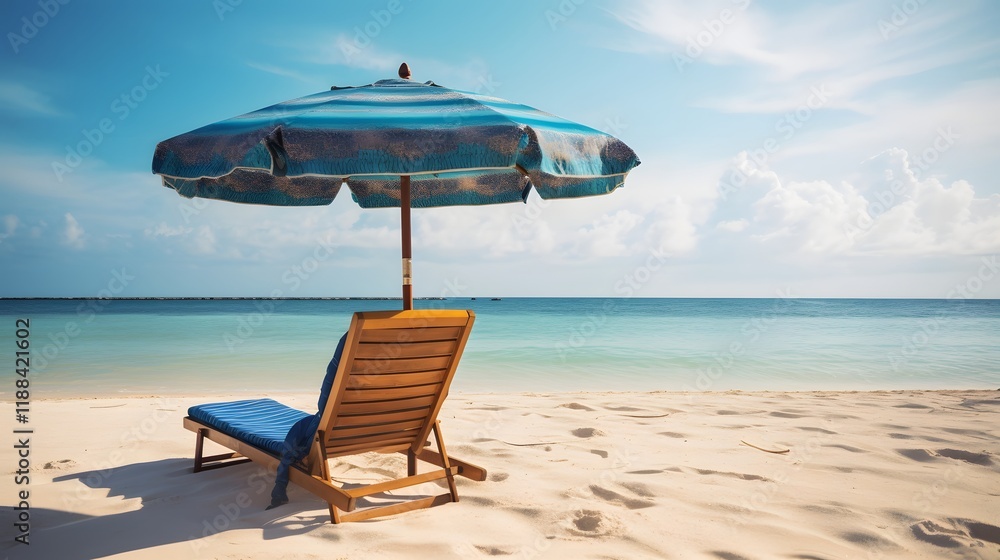 Poster peaceful and tranquil scene of a comfortable lounge chair set up on a sandy beach with a large umbre