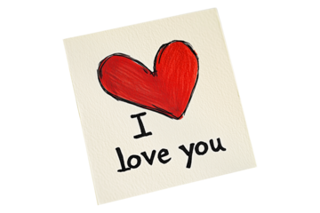 Hand drawn red heart sketch with I Love You text below placed on a yellow textured paper isolated on white transparent background. Concept of love and affection