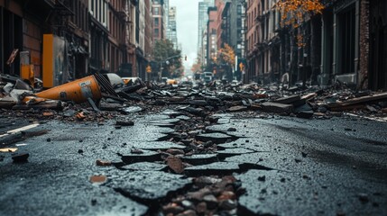 Desolate Urban Street After Natural Disaster Damage and Chaos