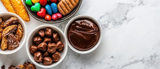 Assorted Chocolate, Candy, and Snack Bowls Arranged on a Marble Table