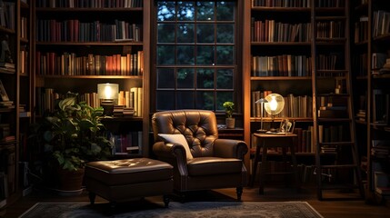 A comfortable and inviting armchair sits in a cozy home library surrounded by bookshelves filled with literature and accented by warm soft lighting