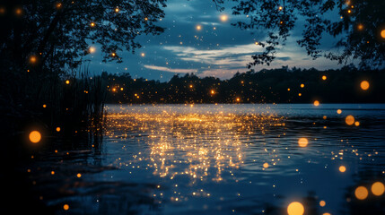 A serene night scene with glowing splashes resembling stars over a reflective lake.