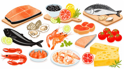 variety of fresh seafood, cheese, and vegetables displayed on white background