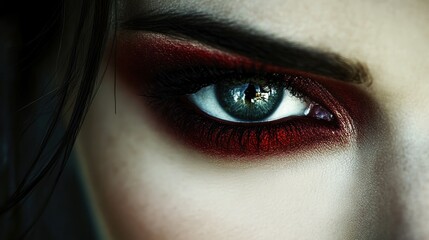 Woman's intense gaze with red eyeshadow, reflection in eye.